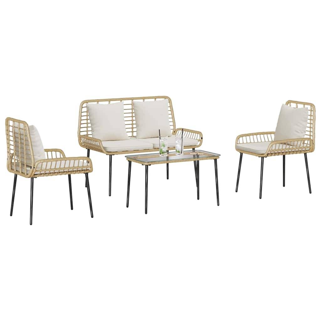 Eine Terrassenmöbel-Garnitur mit einer Zweisitzer-Couch, zwei Sesseln und einem rechteckigen Couchtisch, alle mit hellen Kissen und Metallfüßen.