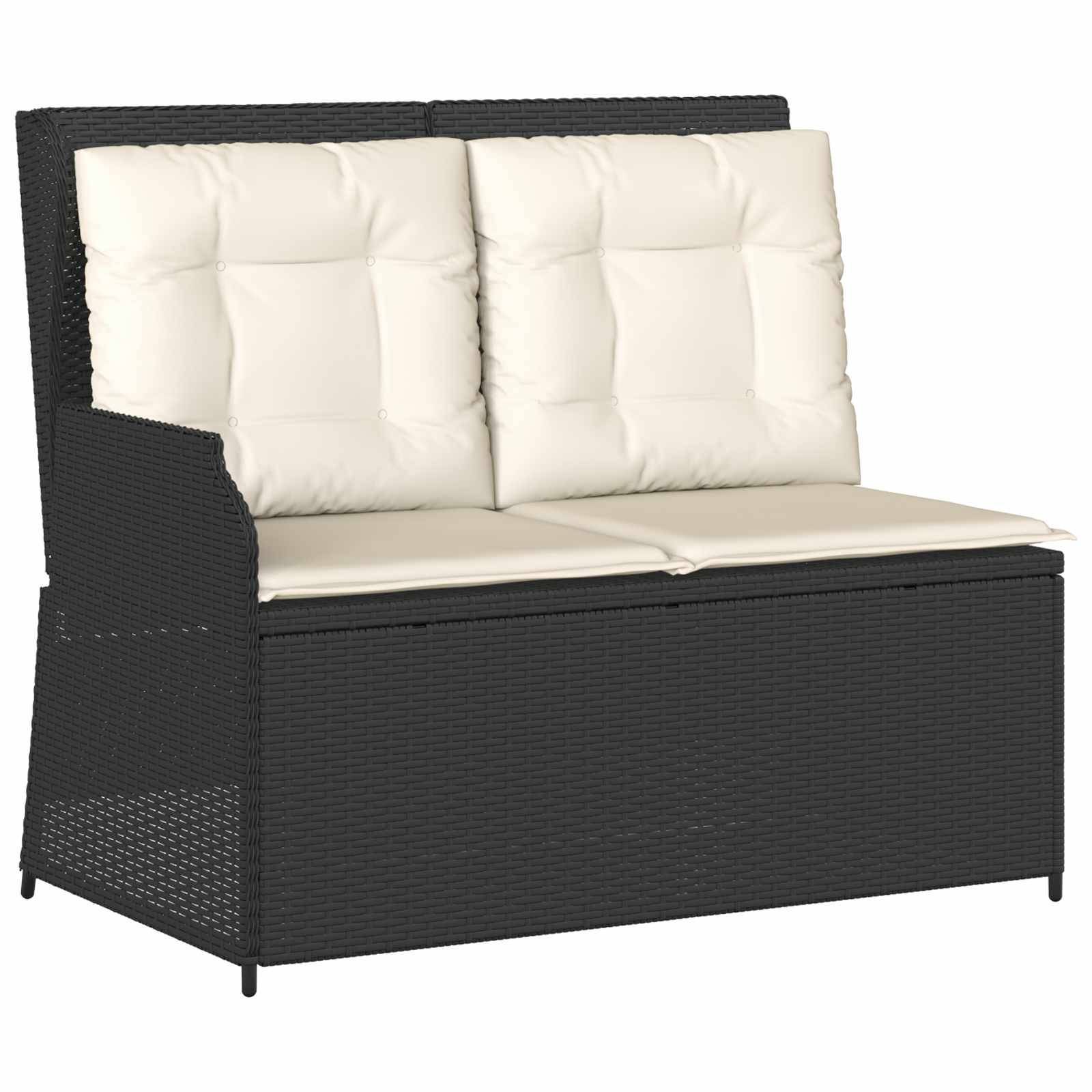 Schwarze Korbflechter-Sitzbank mit elfenbeinfarbenen gepolsterten Sitz- und Rückenbereichen. Das Design präsentiert eine klare und moderne Ästhetik, die sich hervorragend für den Außenbereich eignet.