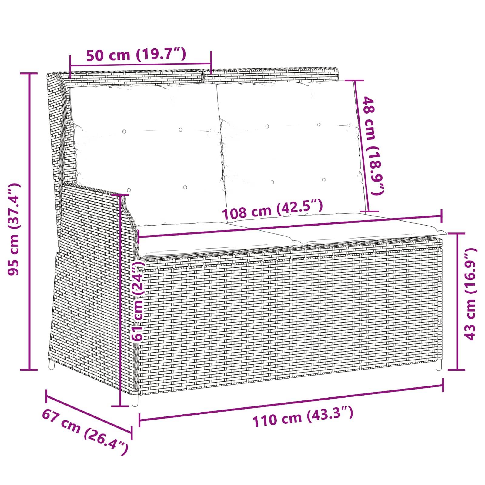 Maße des Rattan-Liebesitzes: 95 cm (37,4