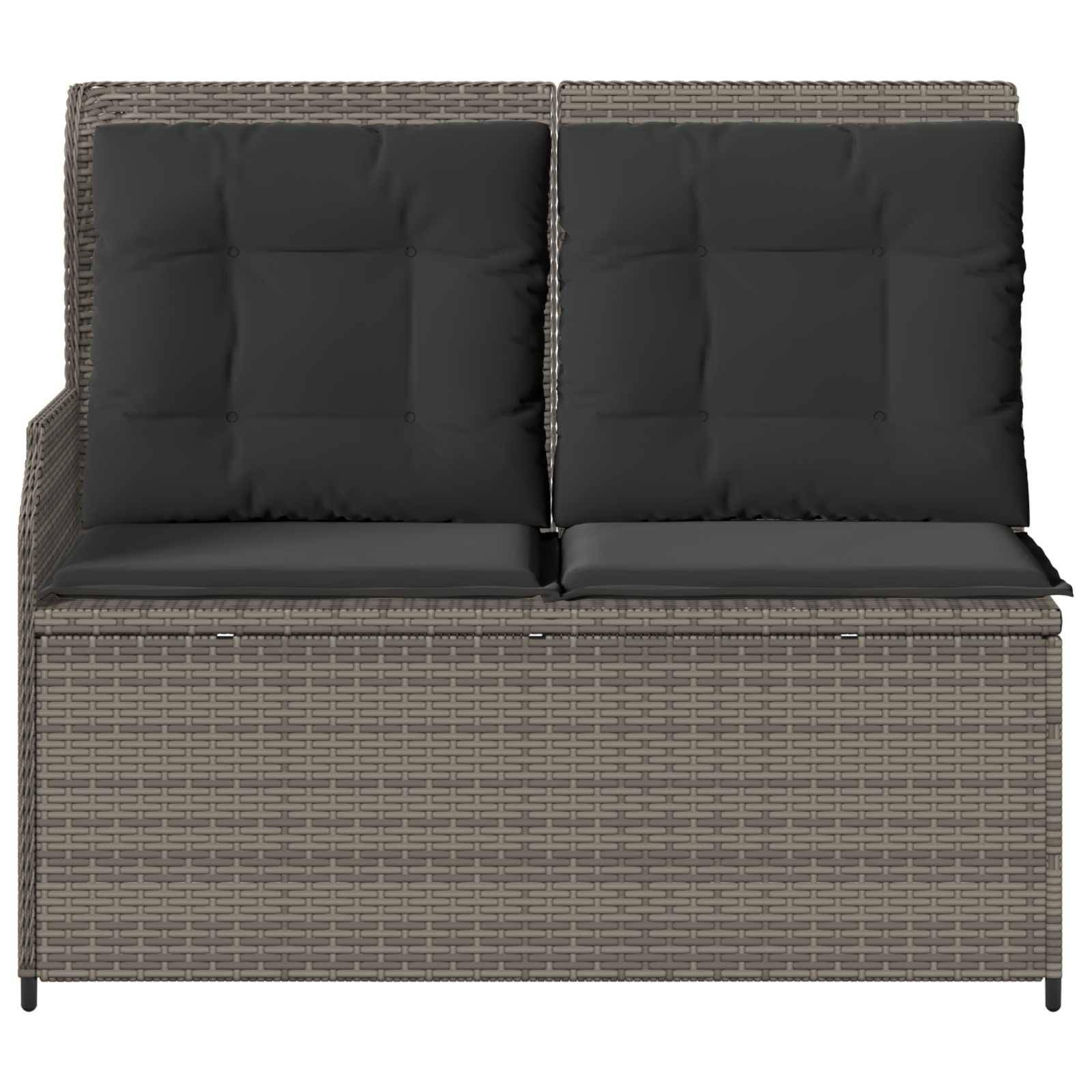 Rattanartiges Outdoor-Zweisitzer-Sofa mit dunklen Kissen, ausgestattet mit einem klaren, modernen Design, ideal für Terrassen- oder Gartenbestuhlung.