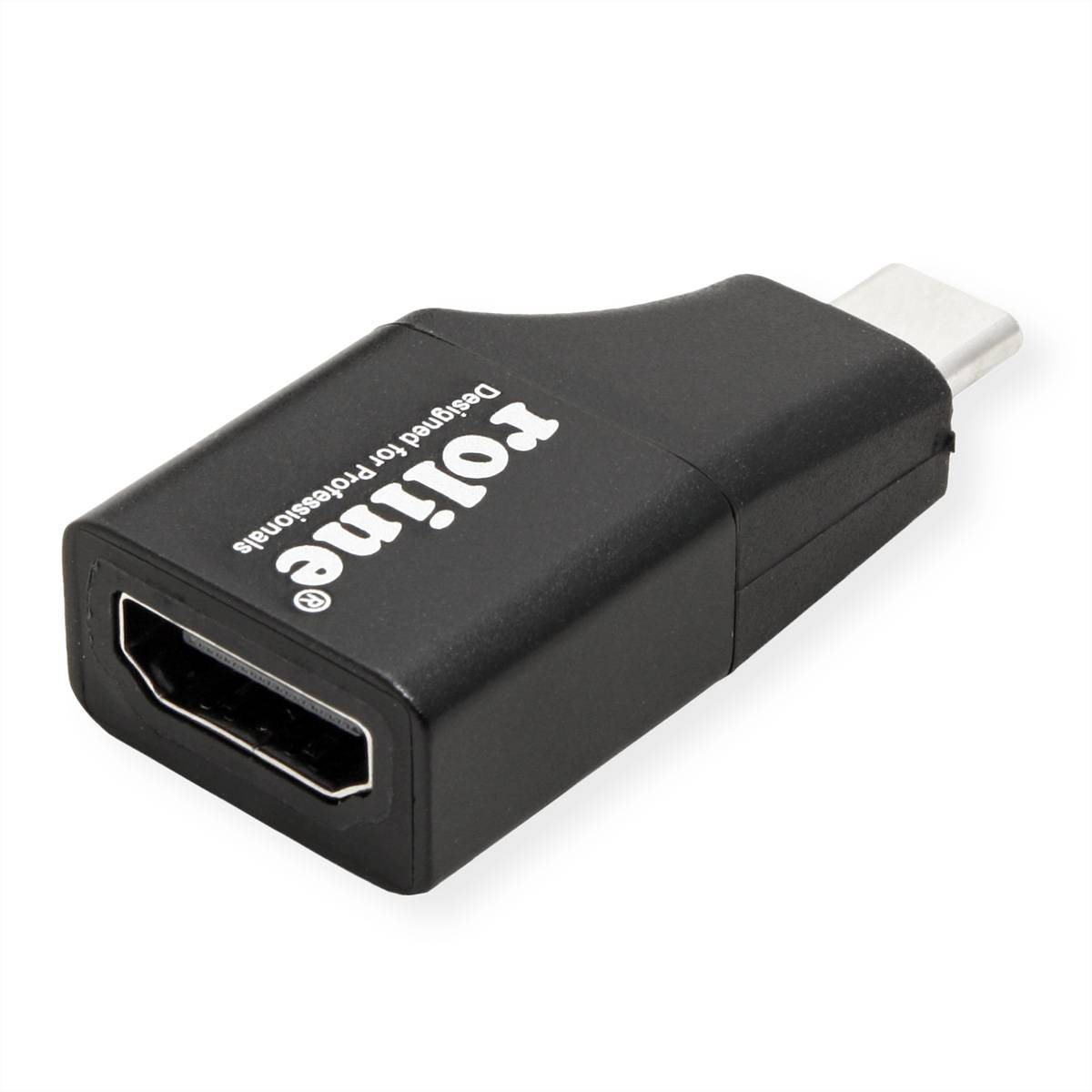 Ein schwarzer HDMI-zu-USB-C-Adapter mit der Beschriftung „Rollme Designed for Professionals