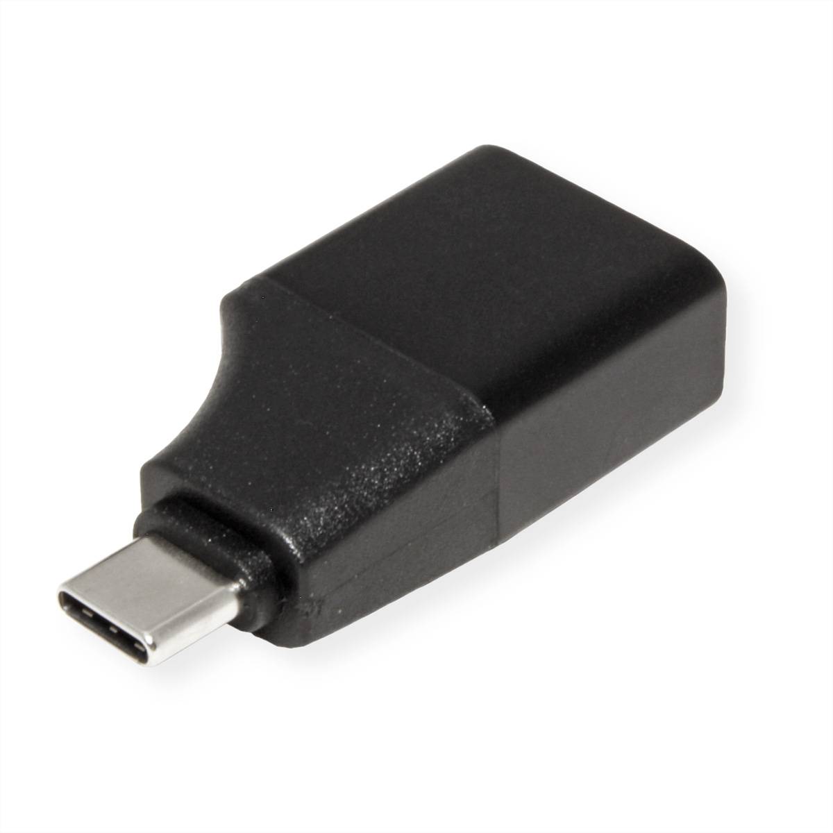Ein kleiner schwarzer USB-C zu USB Adapter, zum Verbinden von Geräten mit unterschiedlichen USB-Anschlüssen, auf einfachem weißem Hintergrund.