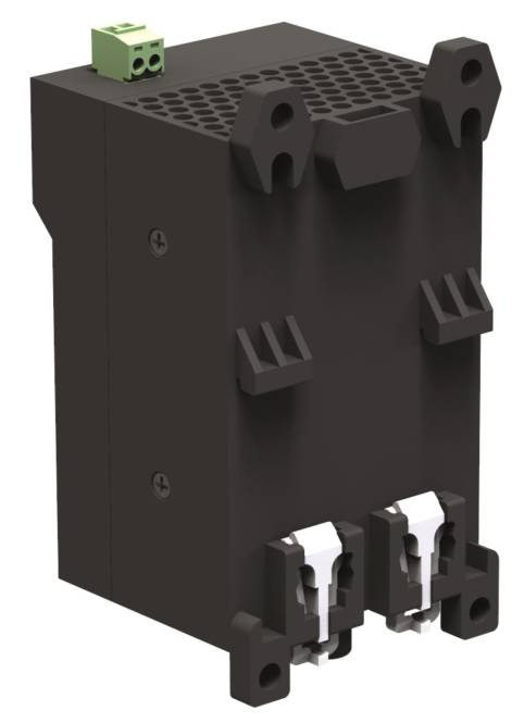 KNX MDT Stromversorgung mit beschrifteten Anschlüssen und Statusanzeigen. Zeigt Kompatibilität und Spannungsdetails. Website: www.mdt.de