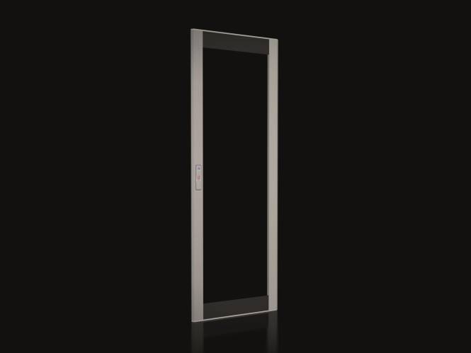 Ein minimalistischer, rechteckiger Rahmen mit einem schwarzen Mittelpanel vor einem dunklen Hintergrund, ähnlich einem modernen offenen Türrahmen.