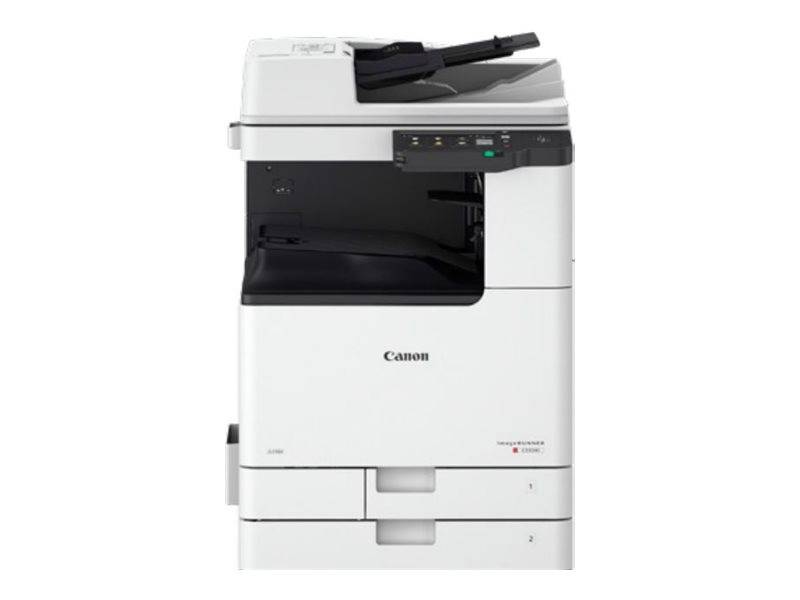 Ein eigenständiger weißer Multifunktionsdrucker von Canon mit Einfüllschacht von oben, Bedienfeld und Papierausgabefach.