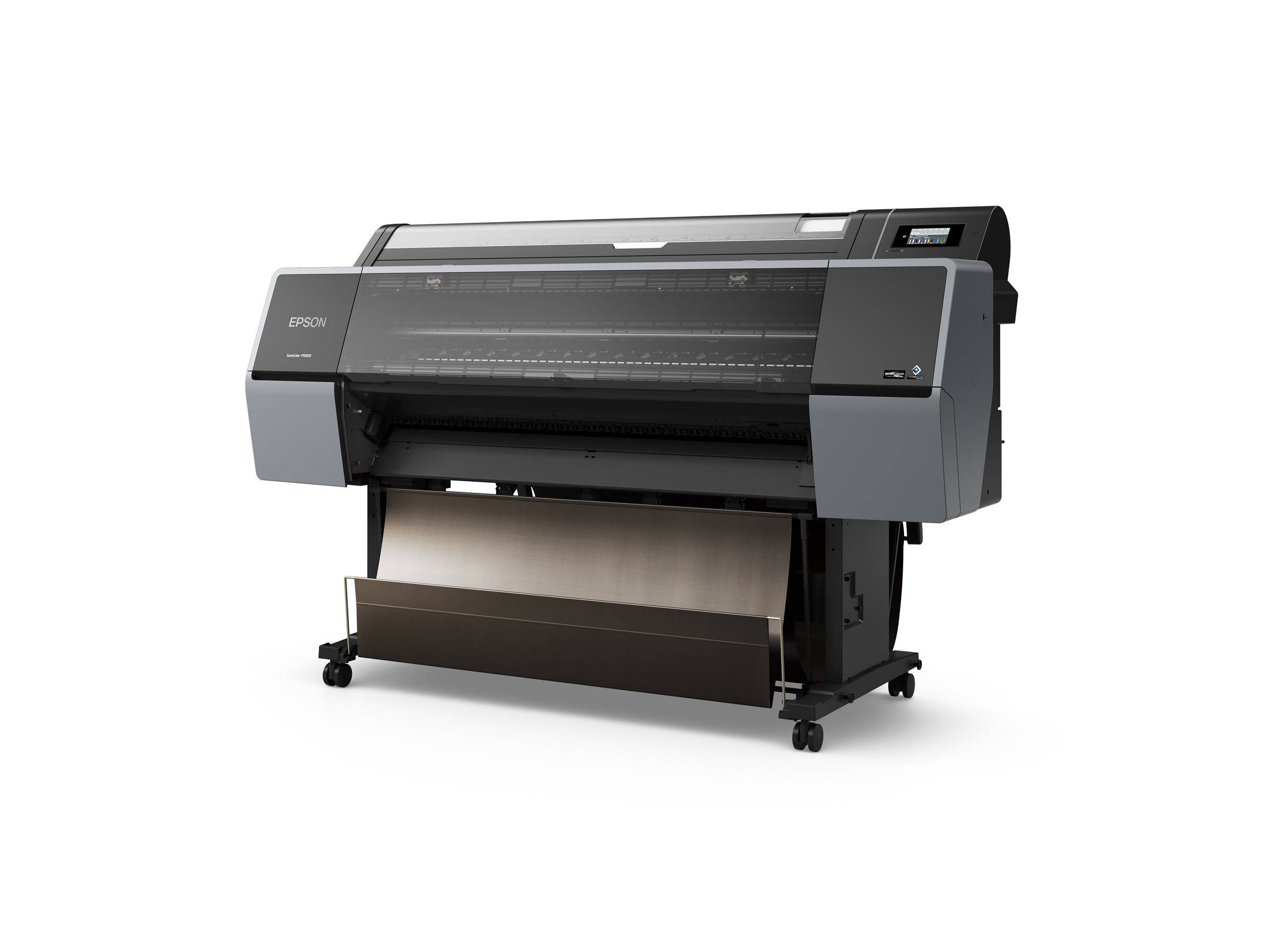 Großer Epson Großformatdrucker auf einem Ständer, vor weißem Hintergrund mit eingelegtem Papier