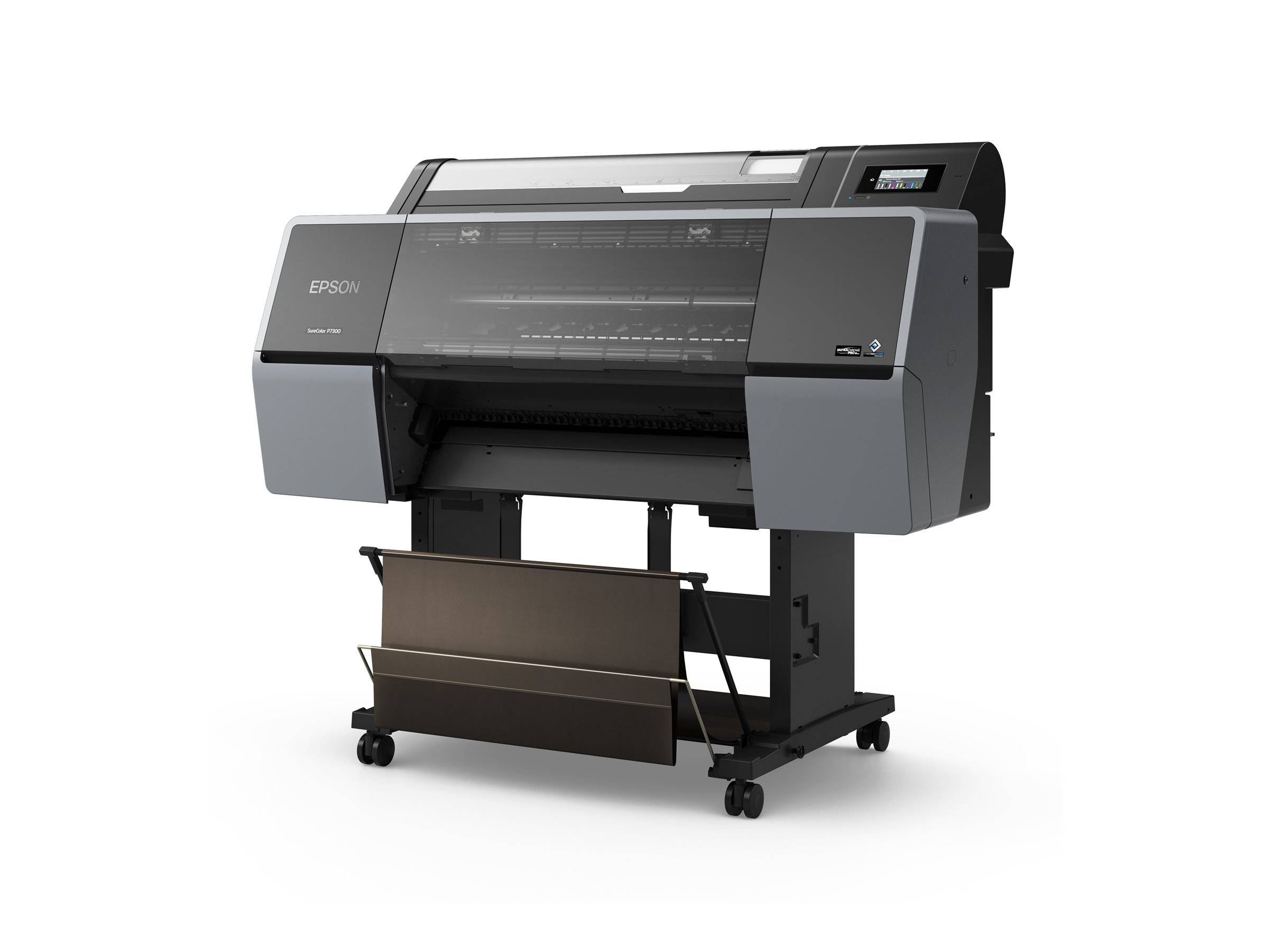 Großer Epson-Großformatdrucker auf einem fahrbaren Ständer mit Ausgabefach, dargestellt auf weißem Hintergrund.