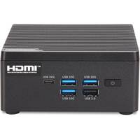 Ein kompaktes schwarzes Gerät mit 'HDMI'-Beschriftung, mehreren USB-Anschlüssen und einem Ein-/Aus-Schalter, höchstwahrscheinlich ein Mini-Computer oder ein Mediahub.