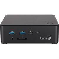 Ein kompakter schwarzer Mini-PC mit mehreren Anschlüssen an der Vorderseite, einschließlich USB und einer Audiobuchse, mit dem Logo „terra