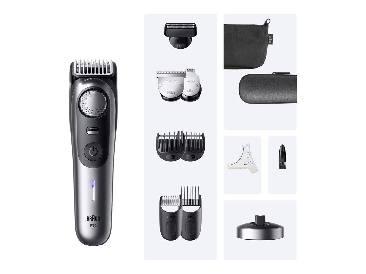 Braun-Elektro-Grooming-Trimmer mit mehreren austauschbaren Aufsätzen, dargestellt mit einer Reisetasche und einer Ladestation.