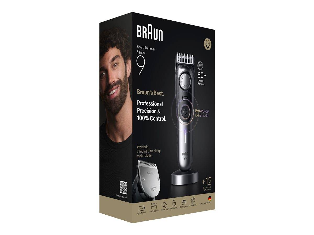 Braun Bartschneider Serie 9 Verkaufskarton mit einem bärtigen Mann und dem Trimmer; Text hebt „Professionelle Präzision & 100% Kontrolle" und „50+ Längenstufen"" hervor.