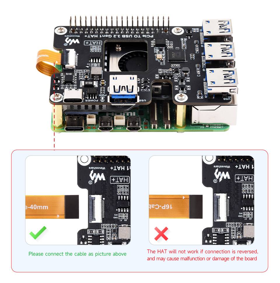 WaveShare PCIe to USB 3.2 Gen1 HAT for Raspberry Pi 5