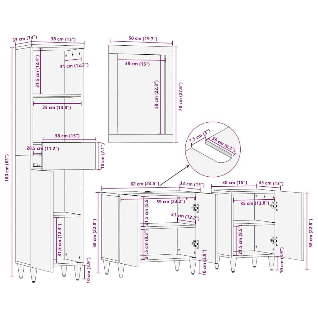 vidaXL Badezimmerschrank-Set Wandmontiert 4 pcs Grau Massivholz Mango