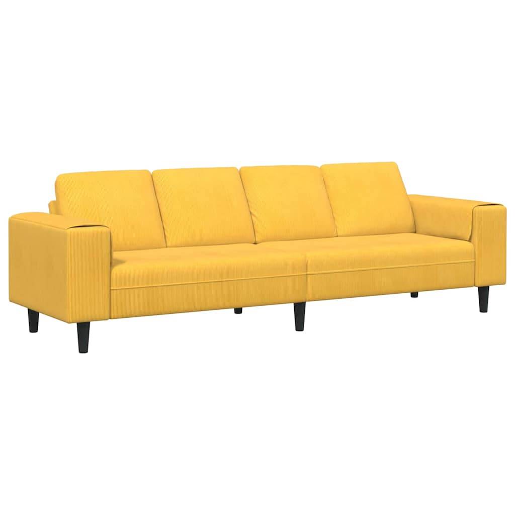 Ein modernes, gelbes Dreisitzer-Sofa mit klaren Linien und schwarzen Beinen, designed für Wohnzimmerkomfort und Stil.