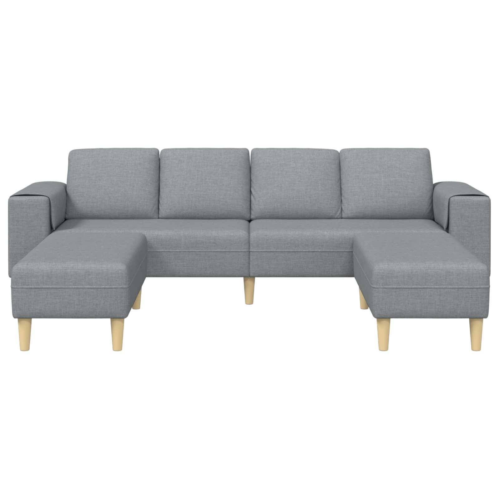 Grau gefärbtes L-förmiges Sofa mit hellen Holzbeinen, mit drei Rückenkissen und zwei Chaiselongues.