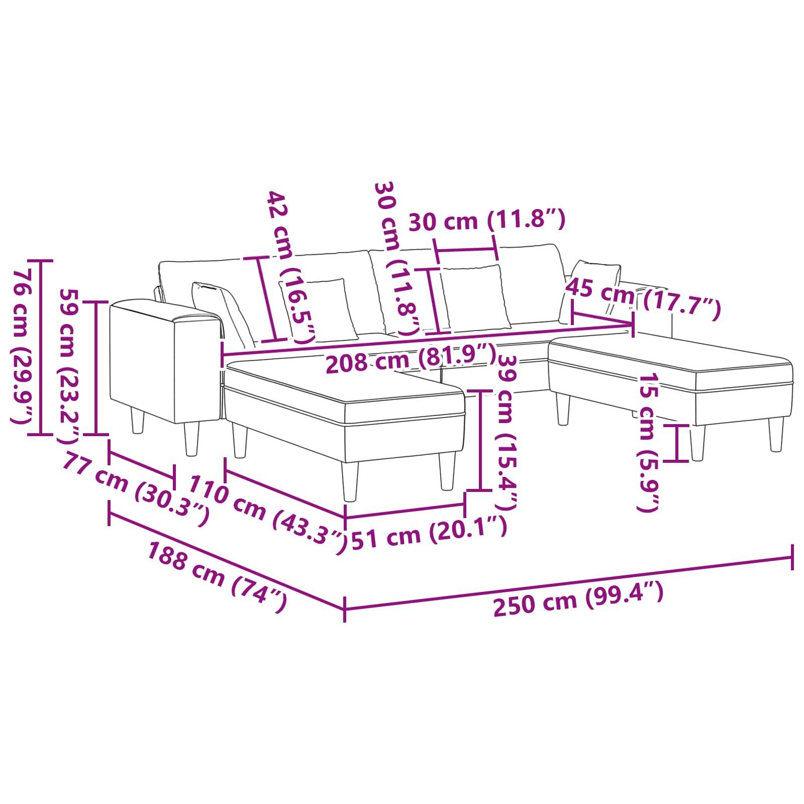 Diagramm eines Ecksofa mit Maßen: Sofabreite 250 cm, Tiefe 188 cm, Höhe 76 cm. Sitzhöhe 51 cm, Sitztiefe 59 cm.