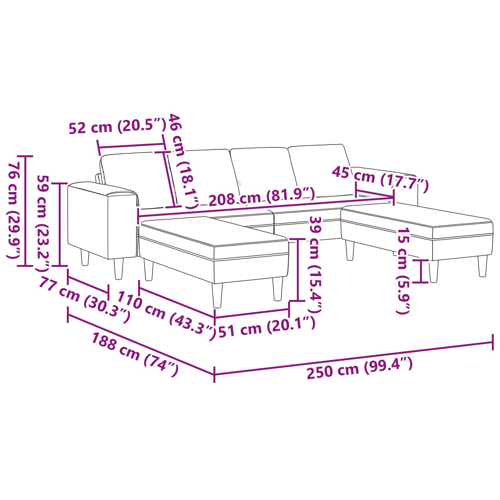 Skizze eines Sektionsschlafsofas mit Maßangaben in Zentimetern und Zoll. Der Hauptabschnitt misst 188 cm x 76 cm, und die Récamiere ist 208 cm lang.