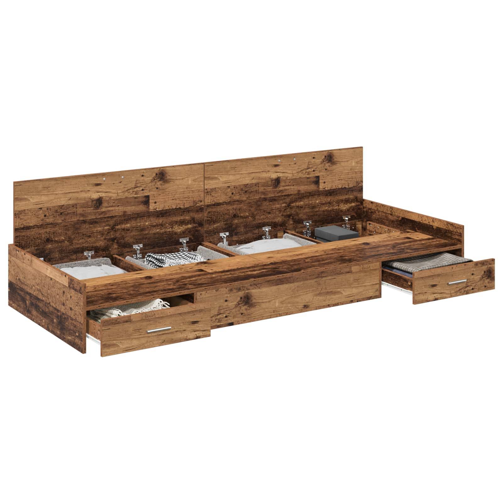 Eine rustikale Holz-Waschtischkonsole mit mehreren offenen Schubladen, die Aufbewahrungsmöglichkeiten präsentiert, ausgestattet mit einem Doppelwaschbecken und reichlich Arbeitsplatte.