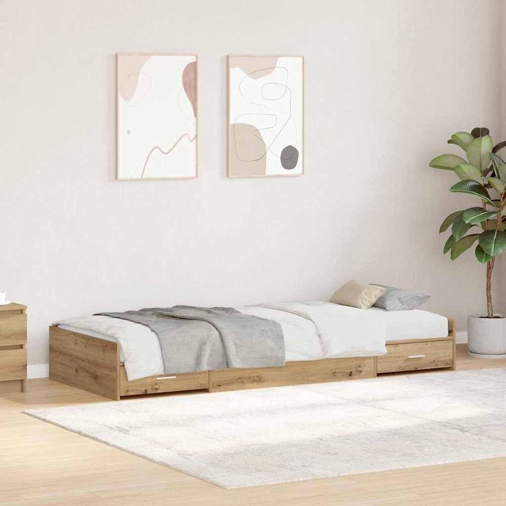 Ein minimalistisches Schlafzimmer mit einem Holzbett, grauer Bettwäsche, abstrakter Wandkunst und einer Topfpflanze, das eine ruhige und moderne Atmosphäre schafft.