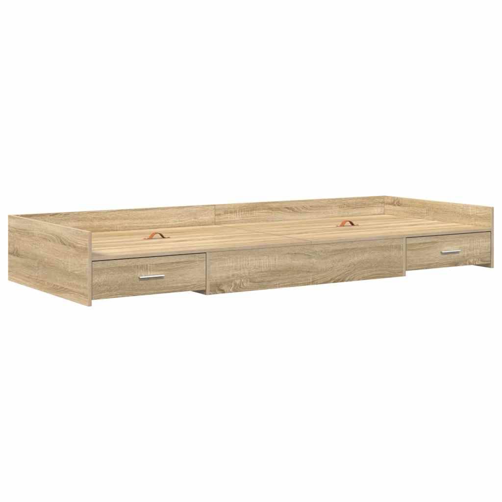 Ein Holz-Bettgestell mit Stauraum und drei Schubladen an der Vorderseite. Der helle Holzton und das schlichte Design bieten sowohl Funktionalität als auch Stil.