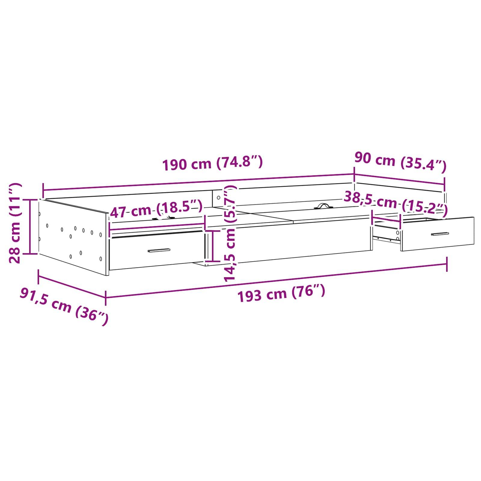Abbildung eines Speicherbetts mit Abmessungen: Länge 193 cm, Breite 91,5 cm, Höhe 28 cm. Beinhaltet Schubladen und Lagerfläche.