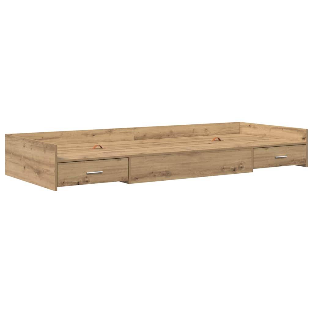 Holz-Bettgestell mit Stauraum und drei Schubladen, ausgestattet mit Metallgriffen, das praktischen Stauraum unter dem Bett in einem minimalistischen Design bietet.