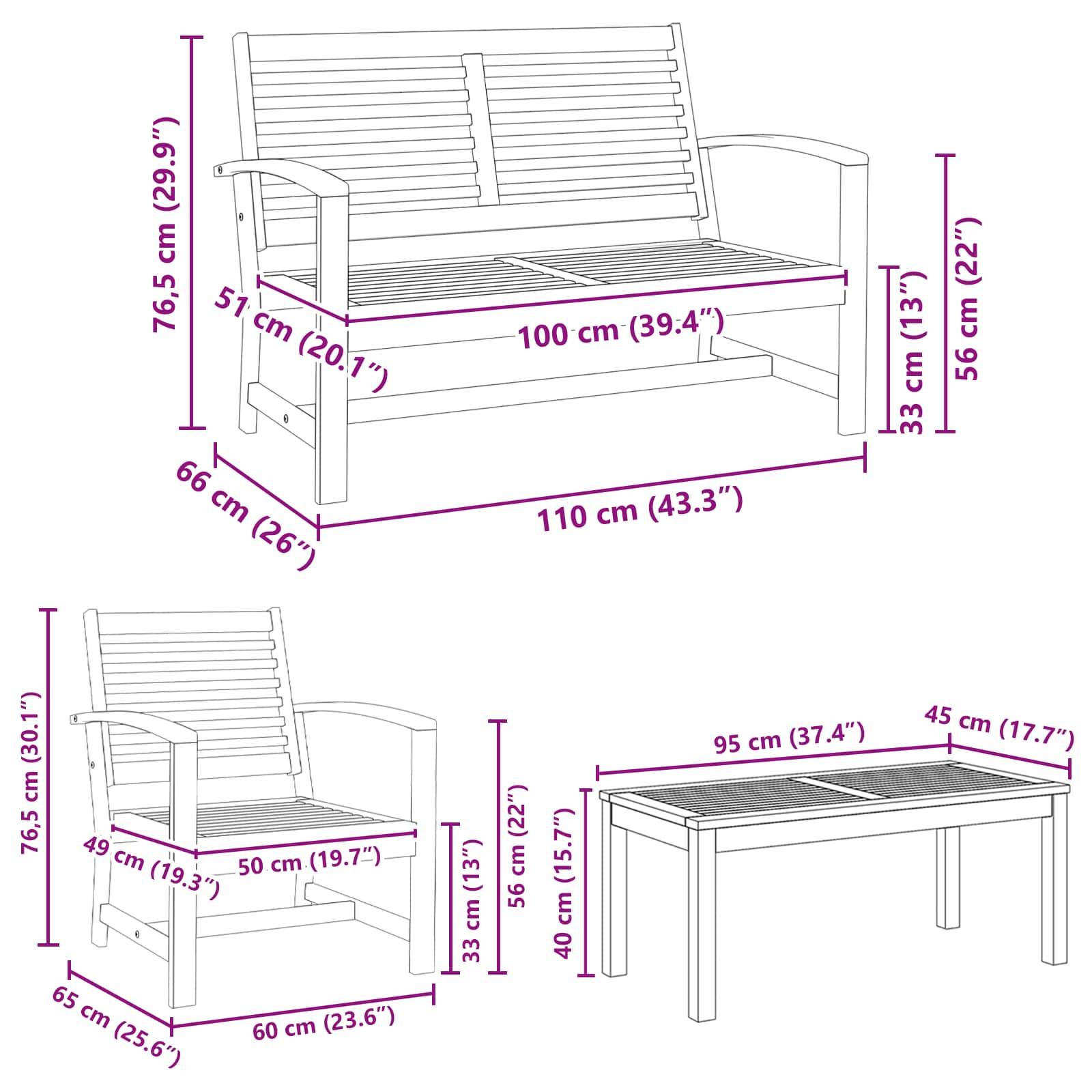 Maßzeichnung einer Gartenbank und eines Gartentisches. Bank: 100 cm breit, 76,5 cm hoch, 51 cm tief. Tisch: 95 cm breit, 50 cm hoch, 55 cm tief.