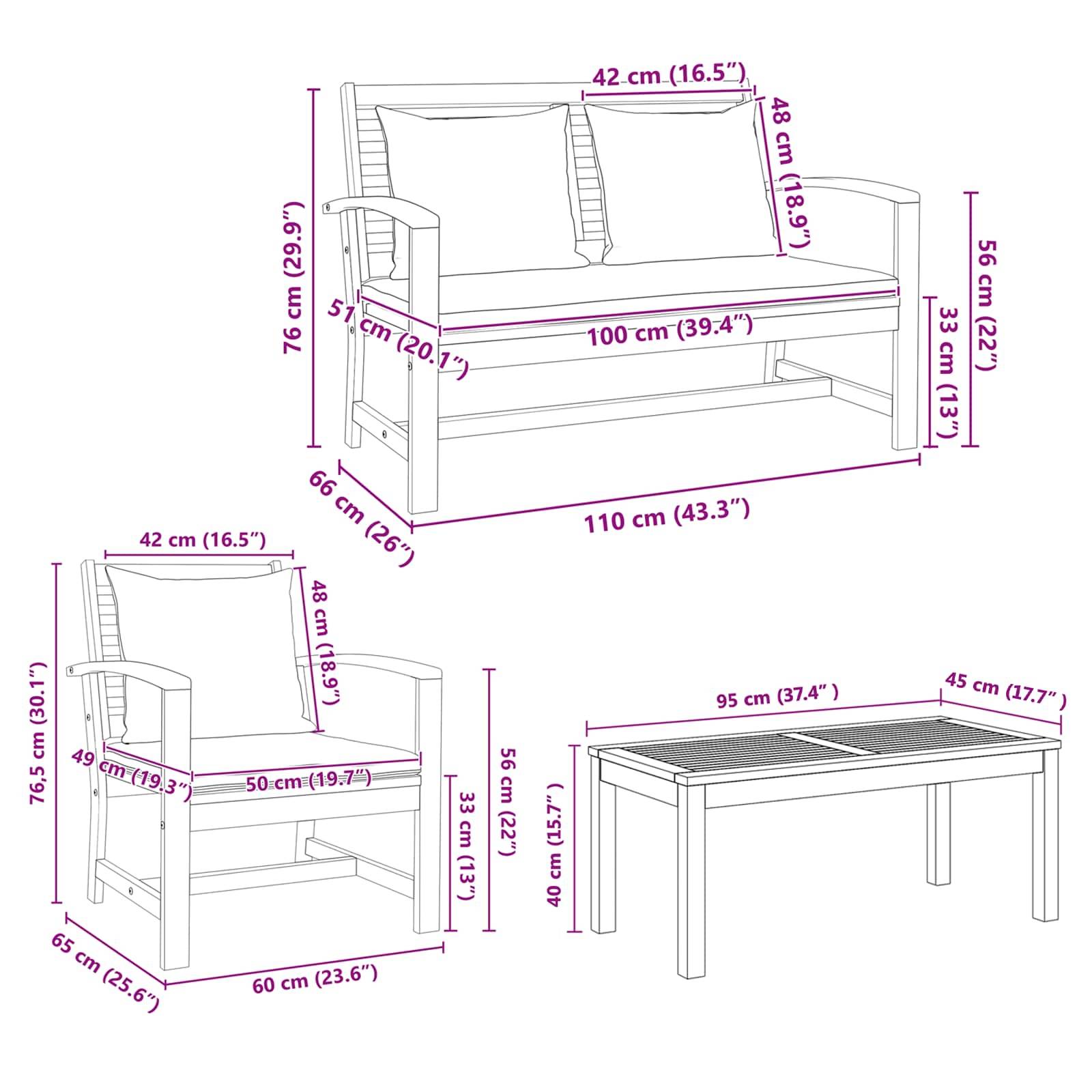 Maße von Gartenmöbel-Set: Bank - 100 cm breit, 56 cm hoch. Stuhl - 65 cm breit, 76 cm hoch. Tisch - 95 cm lang, 40 cm hoch.