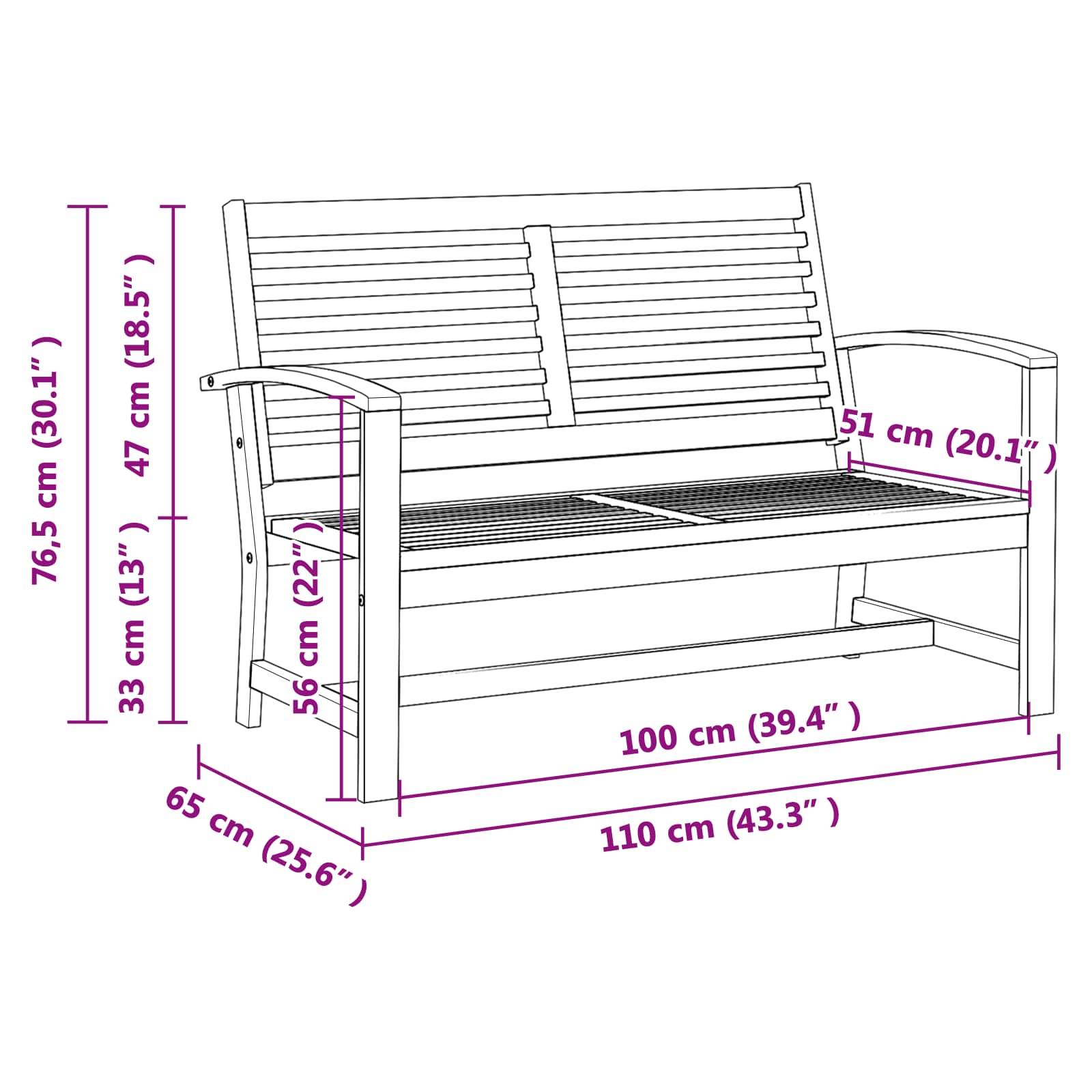 Eine technische Zeichnung einer Holzbank mit Armlehnen zeigt detaillierte Abmessungen: Breite 110 cm, Tiefe 65 cm, Höhe 76,5 cm. Sitzhöhe beträgt 47 cm.