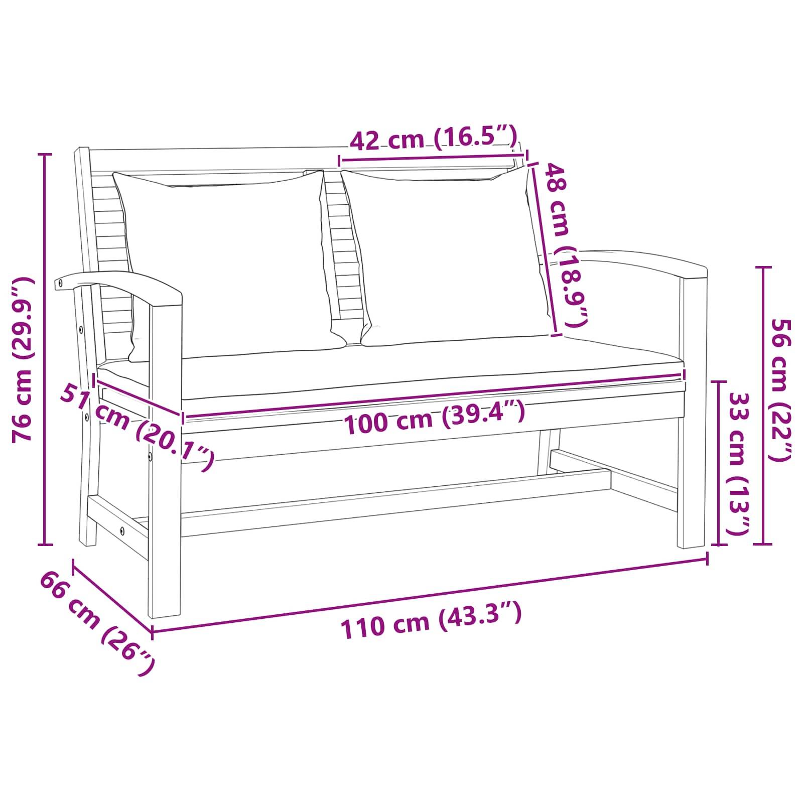 Diagramm einer Holzbank mit Maßen. Die Bank ist 110 cm lang, 76 cm hoch und 56 cm tief, mit einer Sitzfläche in 51 cm Höhe, einer Rückenlehne und Platz für zwei Kissen.
