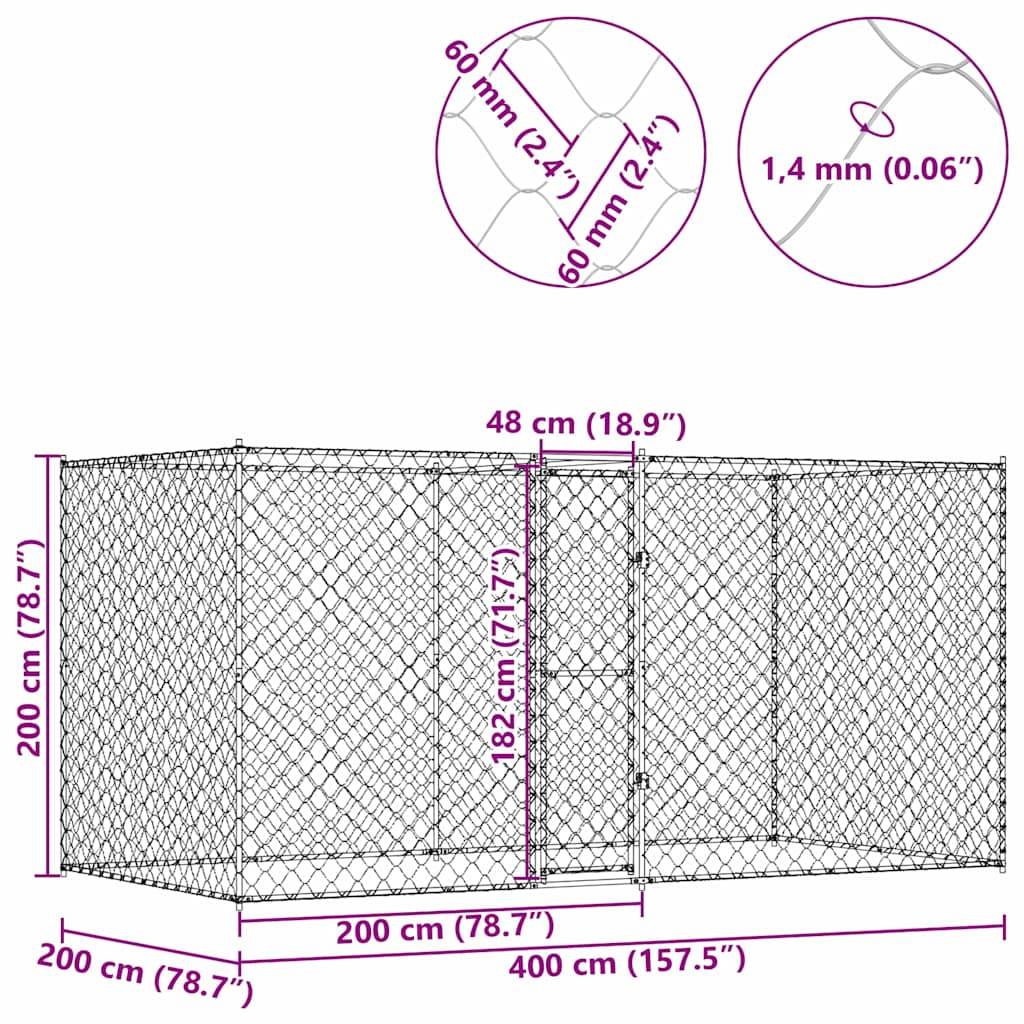 Maschendrahtzaun-Abmessungen: 200 cm hoch, 200 cm breit, 400 cm lang. Drahtdetails: Durchmesser 1,4 mm, Maschenweite 60 mm.