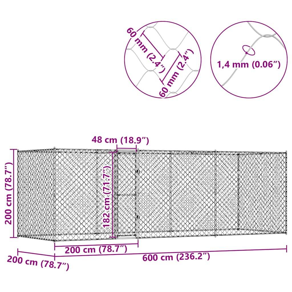 Skizze eines rechteckigen Drahtumzäunungsgeheges, 200 cm hoch, 600 cm lang und 200 cm breit. Drahtdetail zeigt eine Stärke von 1,4 mm.