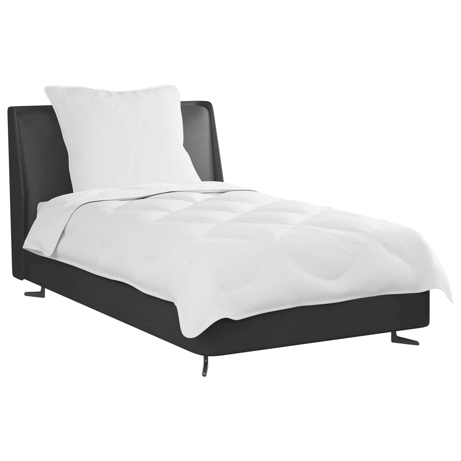 Ein Einzelbett mit einem dunkelgrauen Rahmen und weißer Bettwäsche, einschließlich eines Kissens und einer Bettdecke. Das Bett ist vor einem schlichten Hintergrund positioniert.