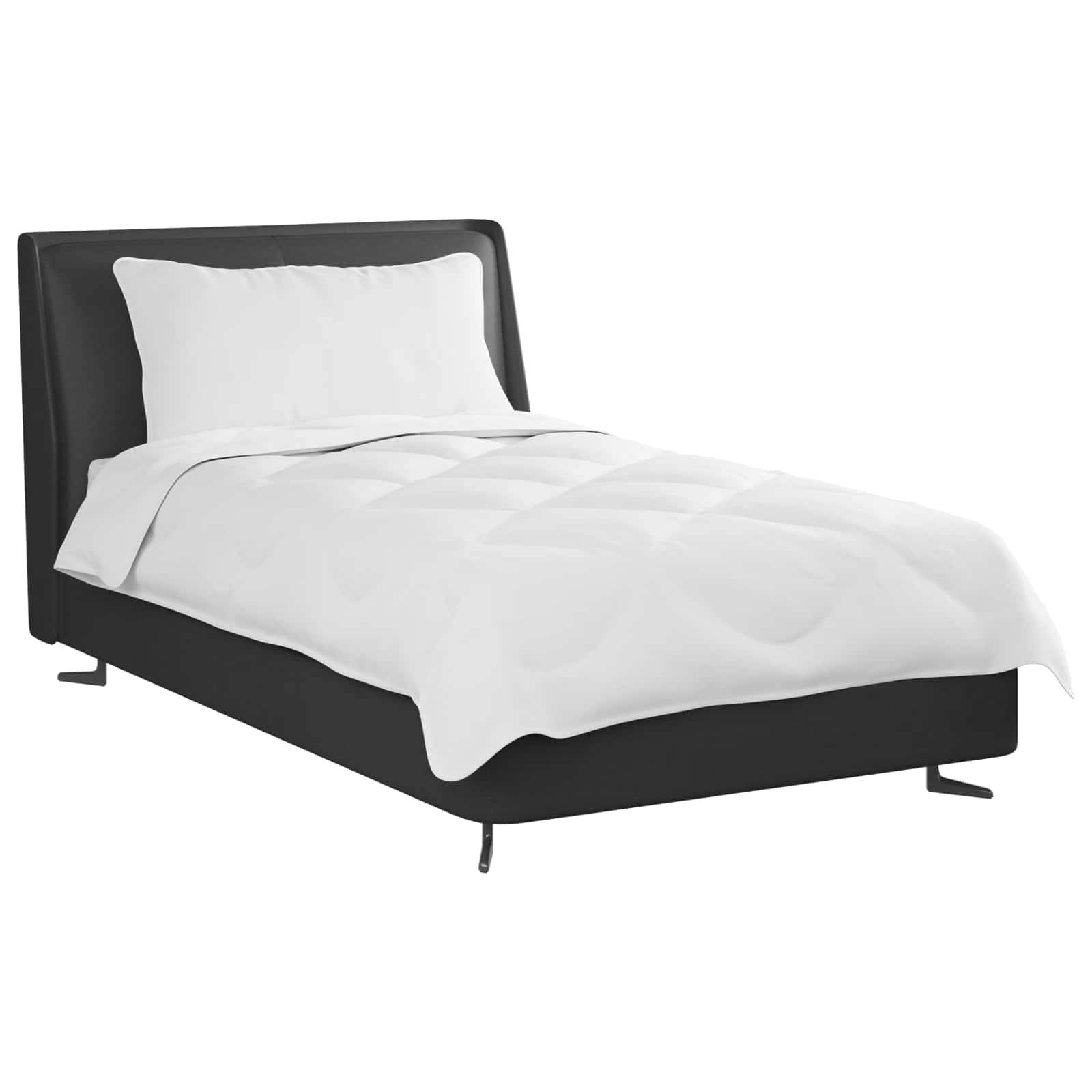 Ein modernes schwarzes Einzelbett mit einem weißen Kissen und einer Bettdecke, von der Seite betrachtet, das sein minimalistisches Design und den eleganten Fußbogen präsentiert.