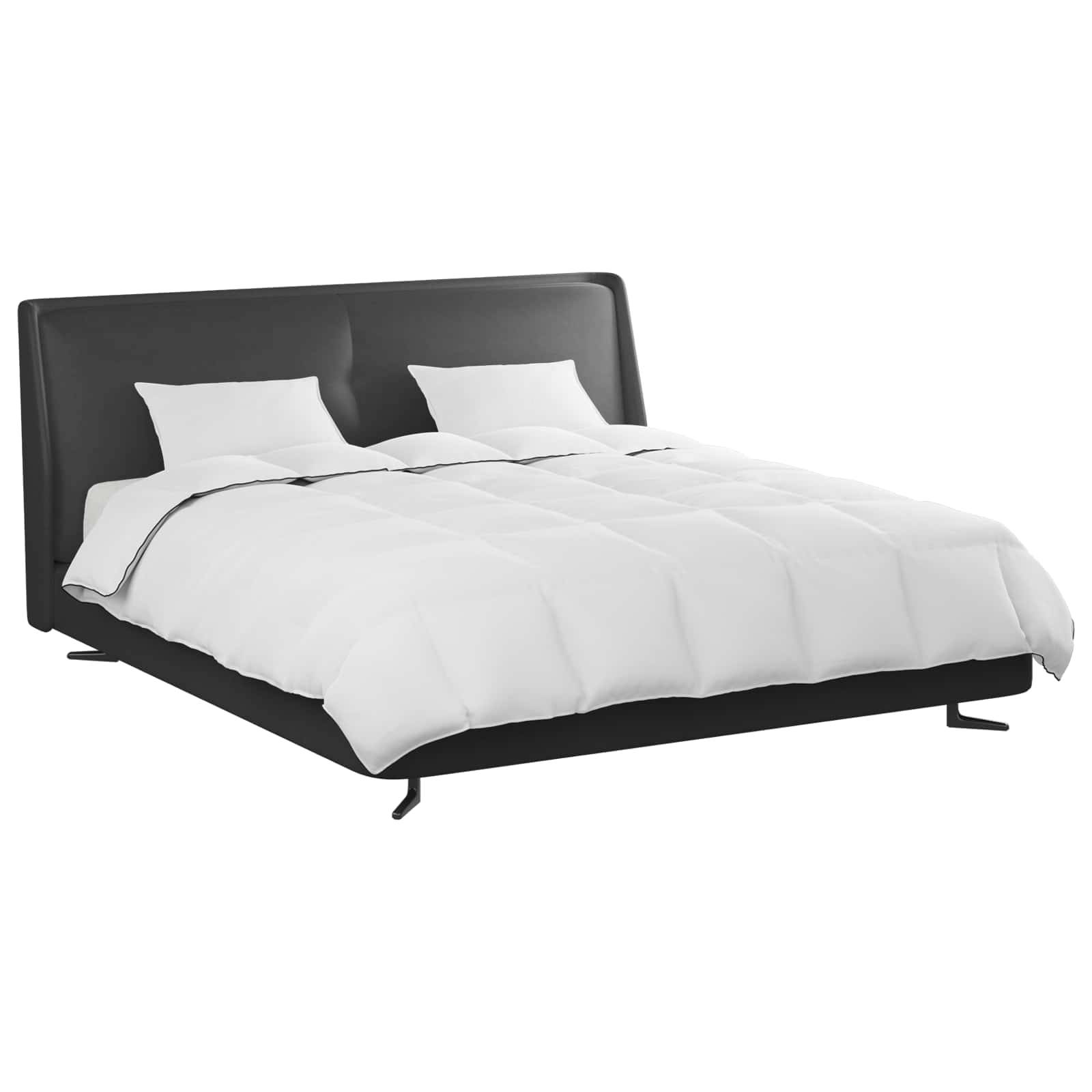 Ein modernes Bett mit einem schlichten schwarzen Gestell, weißer Bettwäsche und zwei Kissen.