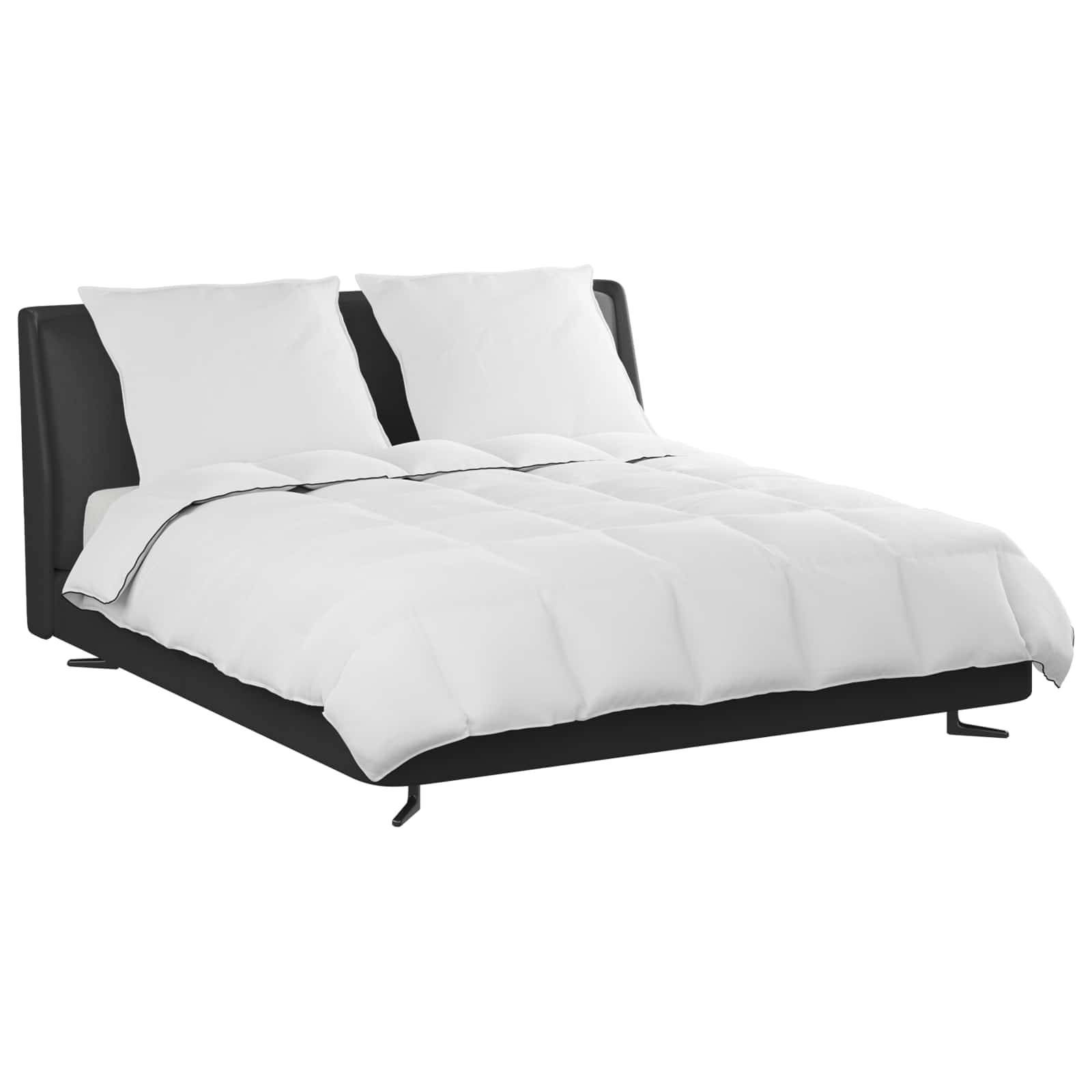 Ein sauber gemachtes Bett mit schwarzem Rahmen, weißen Laken und Kissen. Das Bett ist zentral positioniert und wirkt clean und minimalistisch.