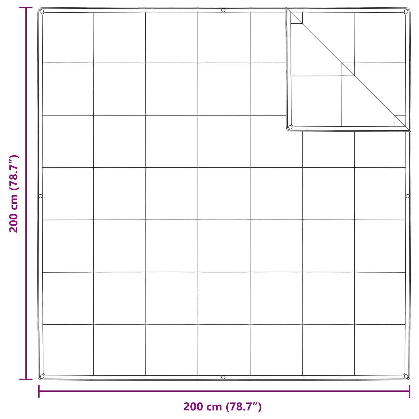Ein quadratisches Raster mit den Abmessungen 200 cm × 200 cm, mit einem kleineren Quadrat in der oberen rechten Ecke. Beide Dimensionen sind mit 200 cm (78,7