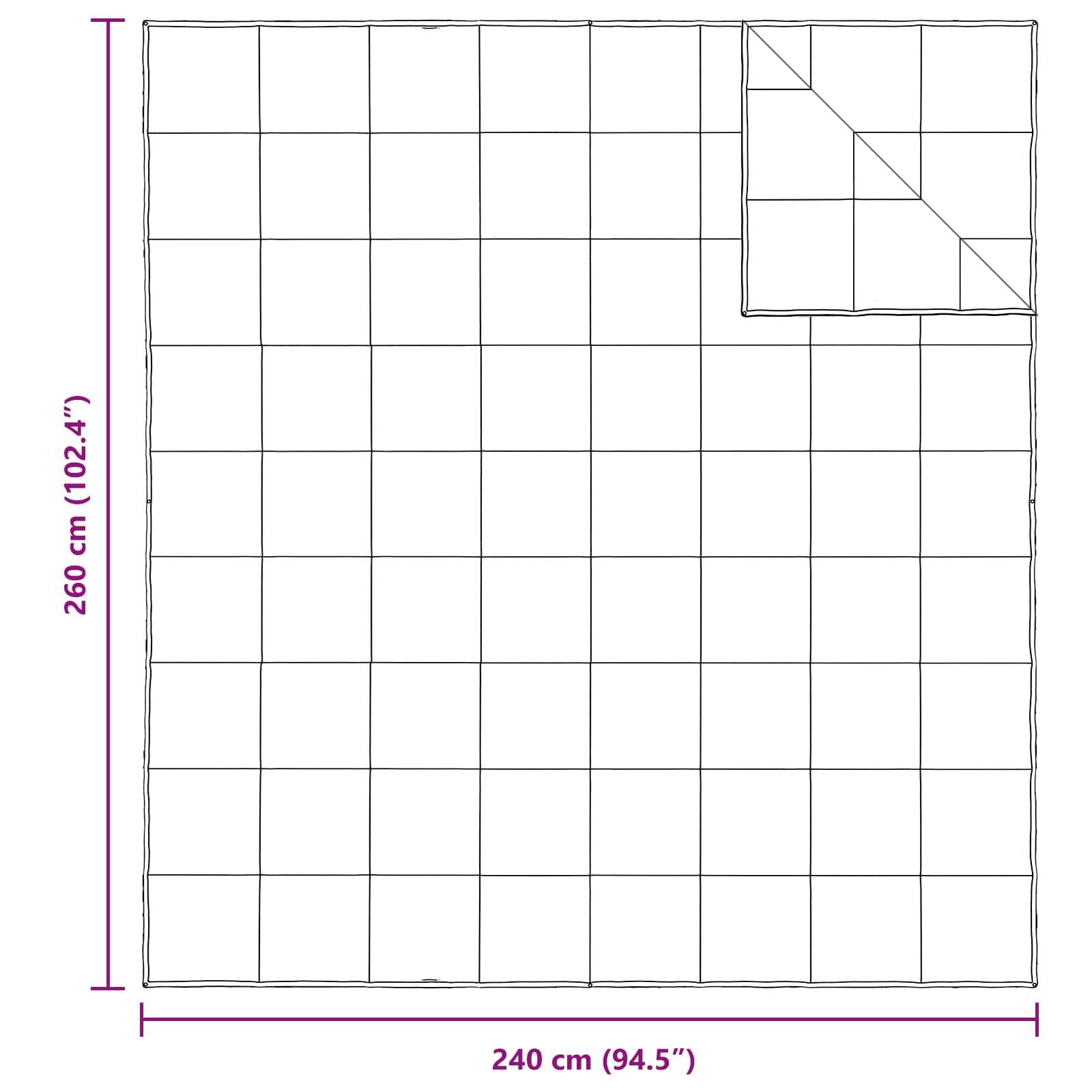 Quilt-Größendiagramm mit Gittermuster. Hauptquilt misst 240 cm x 260 cm. Der Bereich oben rechts ist in einem Dreieck gefaltet.