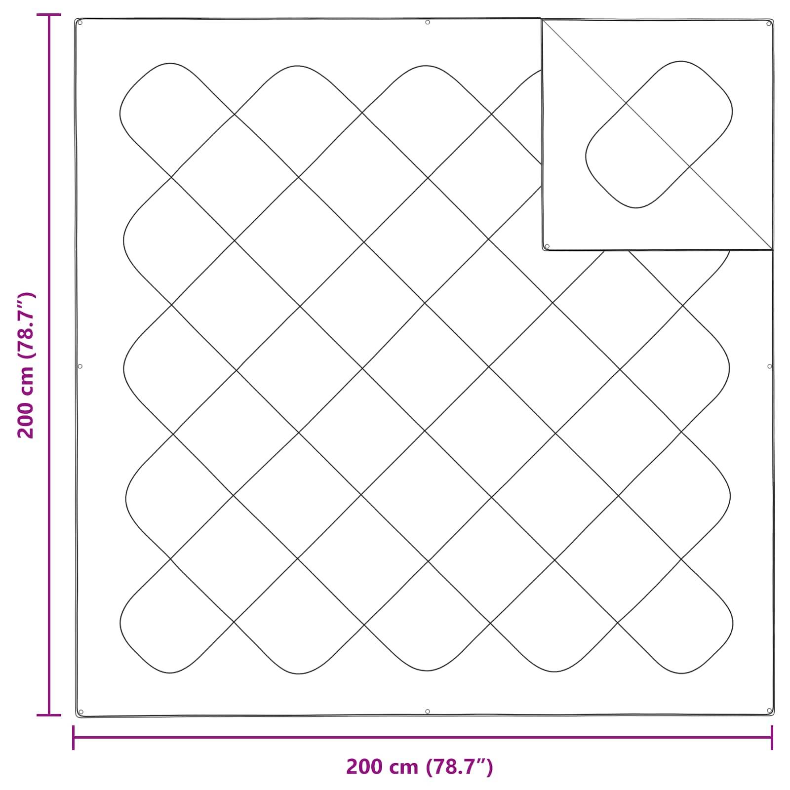Quilt-Muster-Diagramm, das eine quadratische Anordnung mit 200 cm Seitenlänge zeigt und ein Raster aus Rautenformen präsentiert. Ein Abschnitt ist in einer Vergrößerung hervorgehoben.