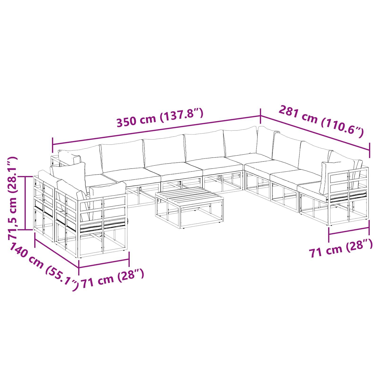 Diagramm eines Ecksofa-Sets mit Abmessungen: 350 cm x 281 cm Gesamtgröße; 71 cm Sitztiefe; 71,5 cm Sitzhöhe; inklusive Ecktisch.