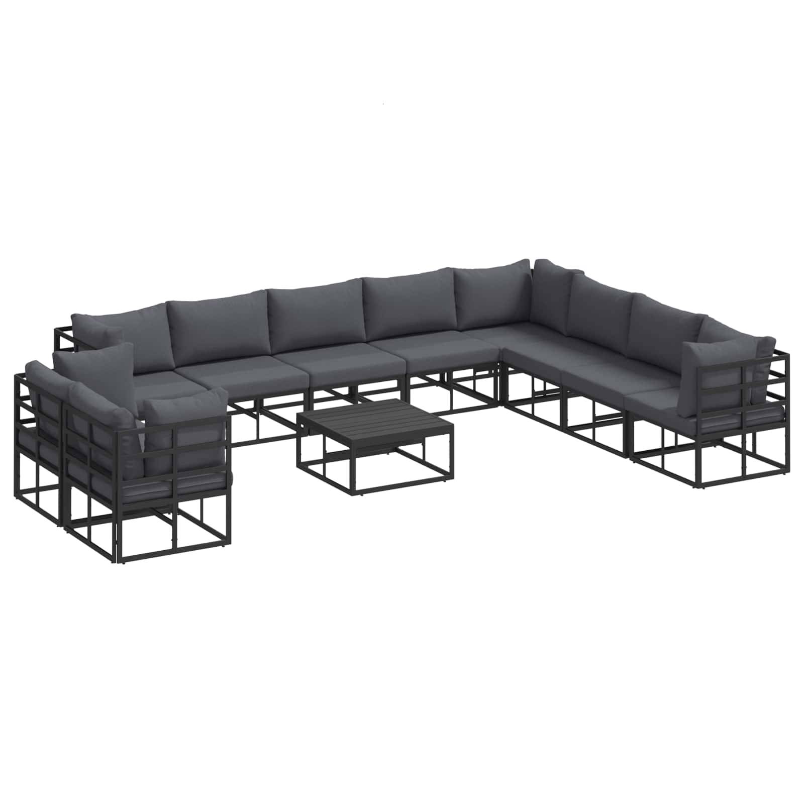 Modernes Outdoor-Ecksofa-Set mit Metallrahmen und dunkelgrauen Kissen, mit Eckdesign und passendem Couchtisch.