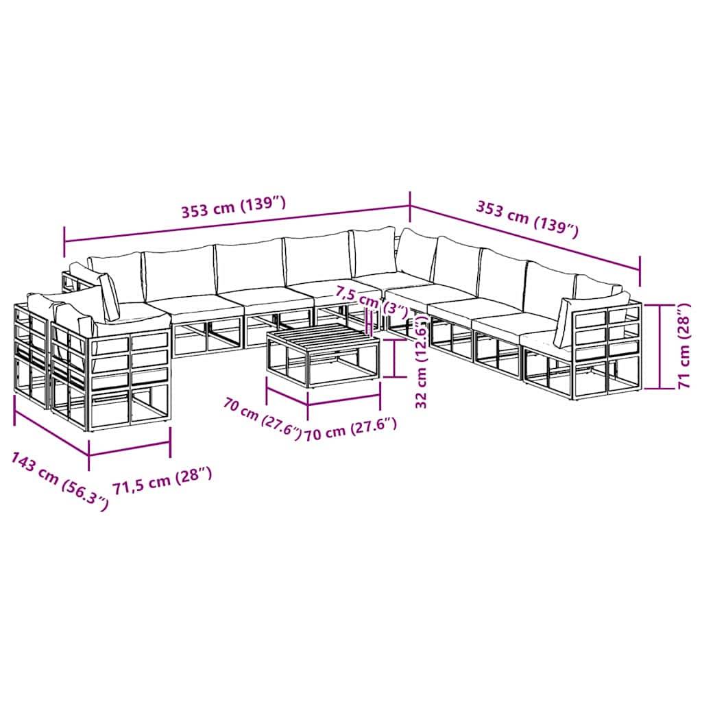 vidaXL Gartensofa-set mit Kissen 12 pcs Schwarz Aluminium