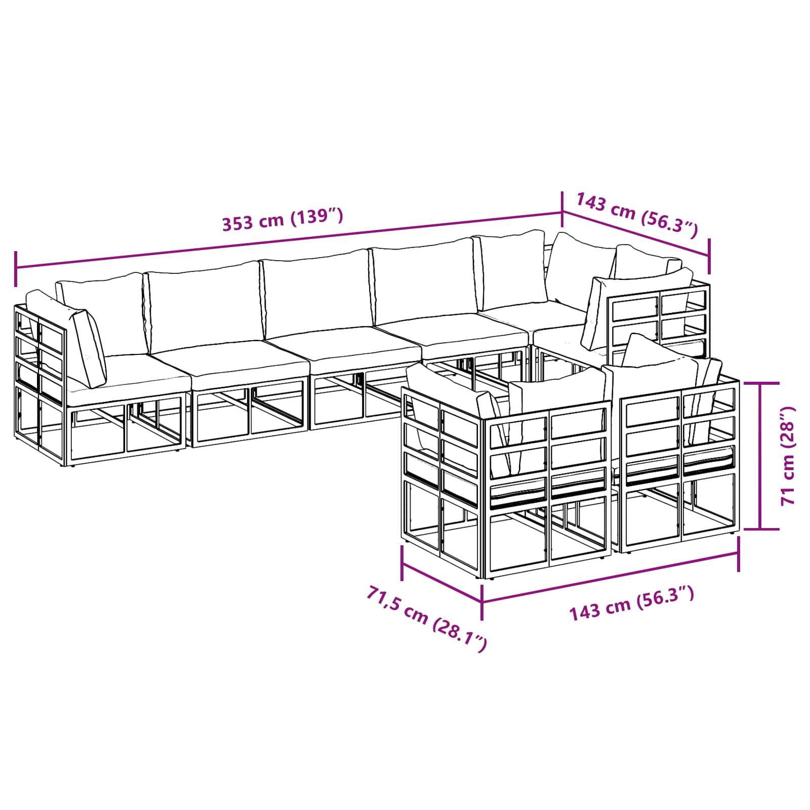 Darstellung eines L-förmigen Outdoor-Sofasets mit individuellen Abmessungen in Zentimetern und Zoll, die die Sitzanordnung zeigt.