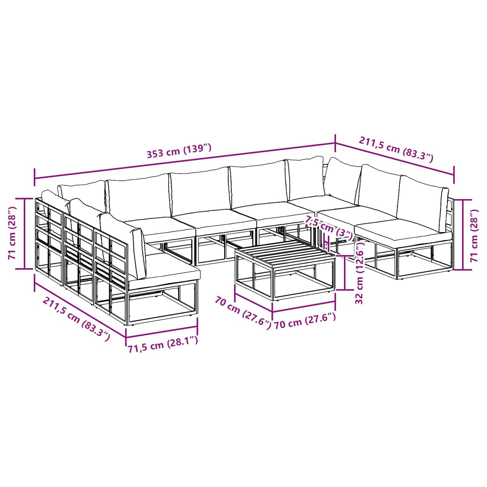 Maße des Outdoor-Sektional-Sofasets: L-Form mit 353 cm x 211,5 cm und einer Höhe von 71 cm. Die Sitztiefe variiert zwischen 70 cm und 77 cm.