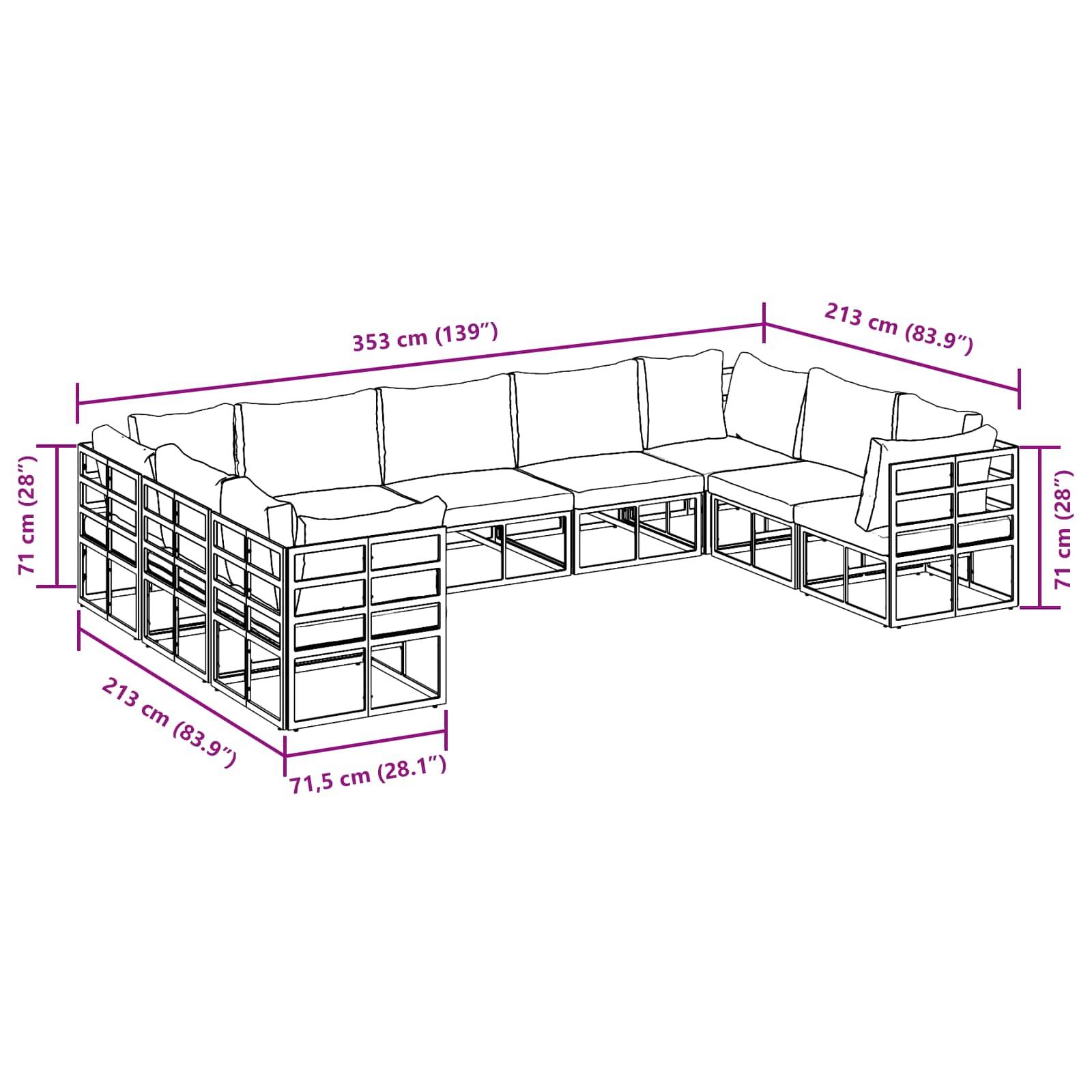 Technische Zeichnung eines L-förmigen Sektionalcouches mit beschrifteten Abmessungen: 353 cm lang, 213 cm breit und 71 cm hoch. Kissen auf den Sitzflächen dargestellt.