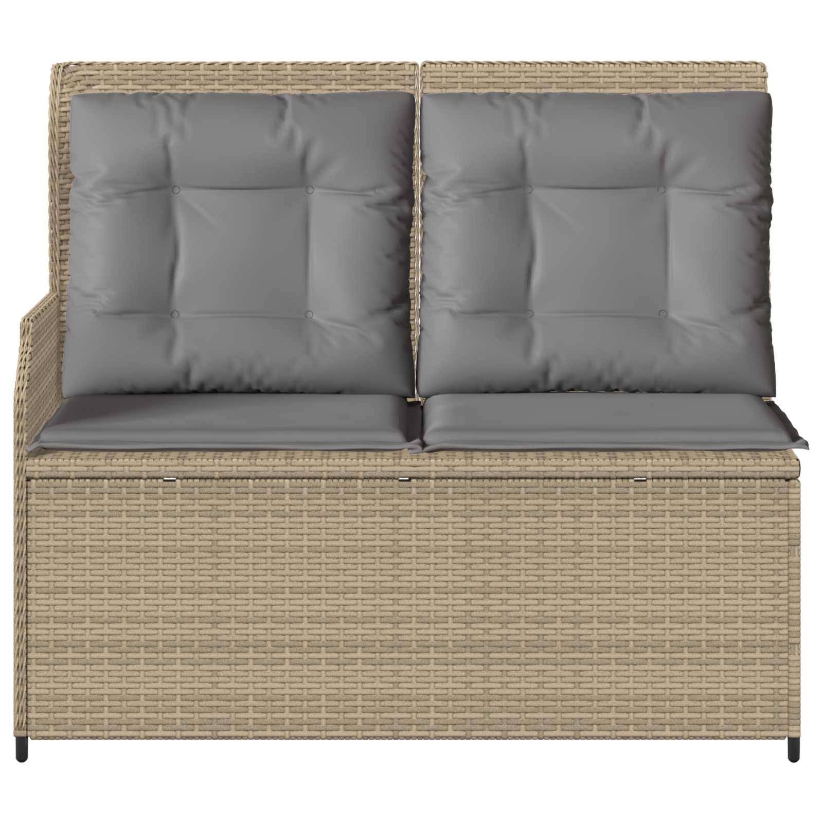 Eine Zweisitzer-Terrassencouch mit Rattangestell und grau gepolsterter Sitz- und Rückenfläche, geeignet für den Außenbereich.