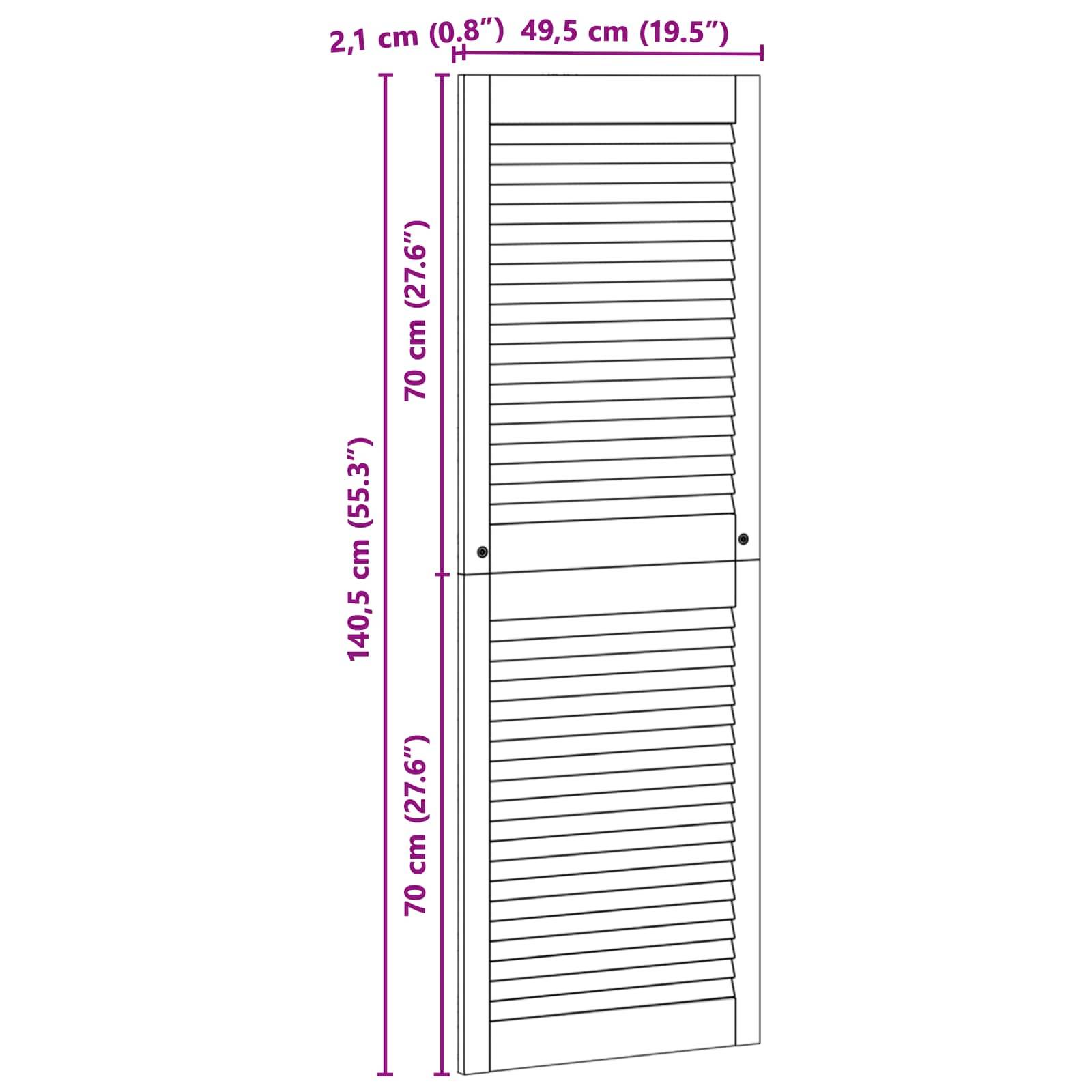 Bild einer Lamellentür mit Abmessungen. Höhe 140,5 cm (55,3 Zoll), Breite 49,5 cm (19,5 Zoll) und Tiefe 2,1 cm (0,8 Zoll).