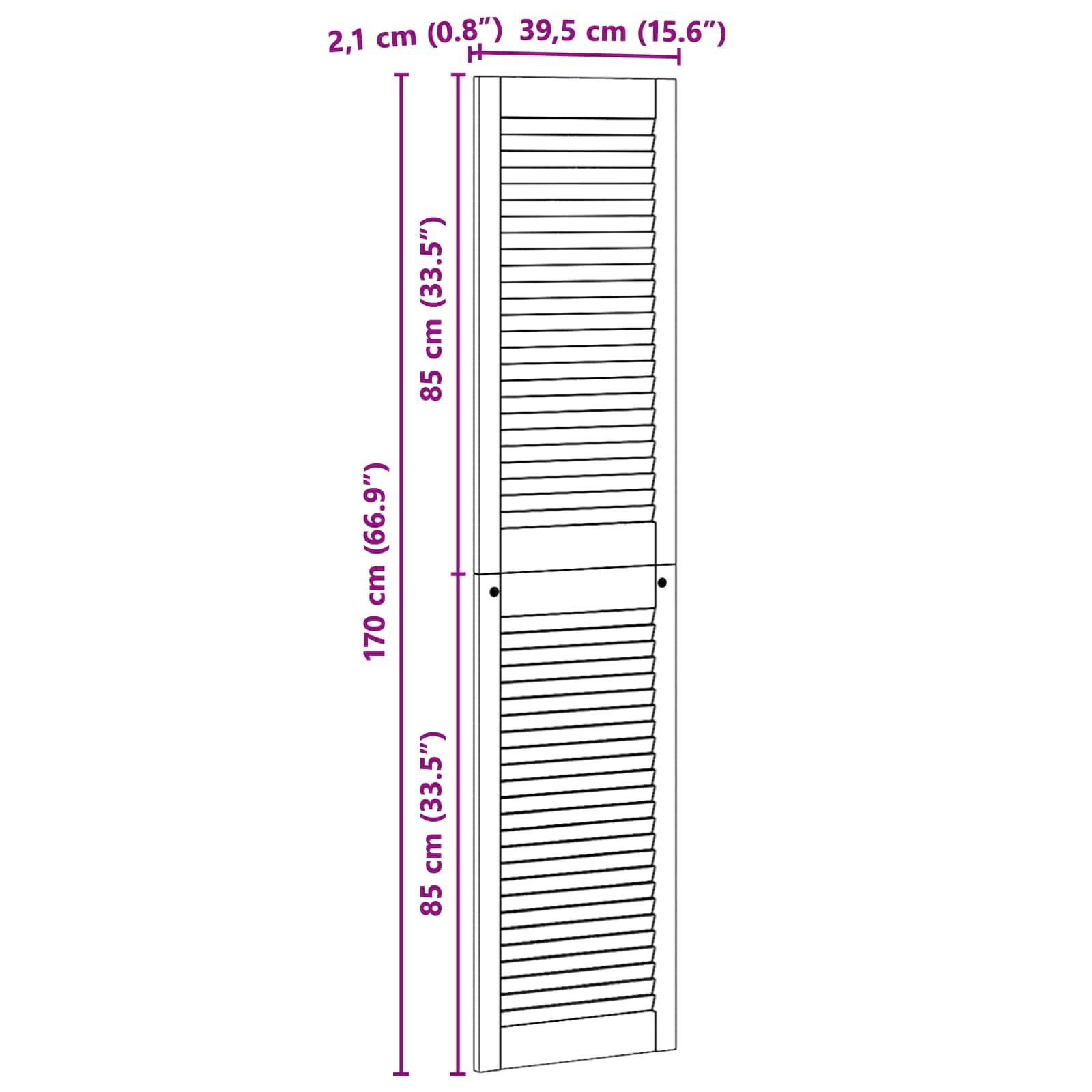 Eine einzelne weiße Fensterläden-Tür mit Lamellenpaneelen, Dimensionen annotiert: 2,1 cm Dicke, 39,5 cm Breite, 170 cm Höhe, in zwei gleiche 85 cm Abschnitte unterteilt.