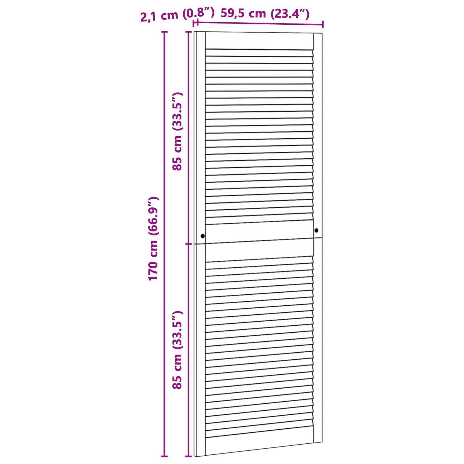 Eine weiße Lamellentür mit einer Höhe von 170 cm und einer Breite von 59,5 cm wird dargestellt, einschließlich Details der Abschnitte in 85-cm-Intervallen.