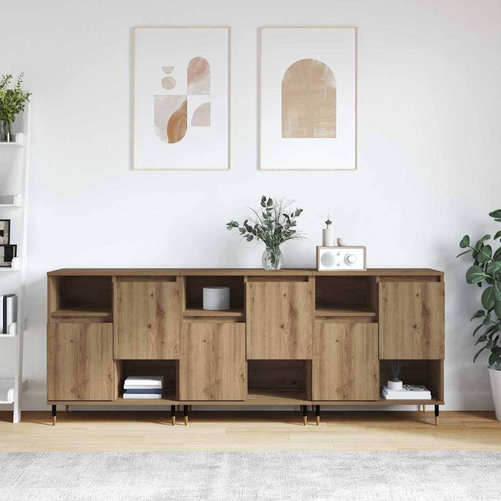 Ein moderner Wohnraum zeigt ein Holz-Sideboard mit geometrischen Regalen, dekorativen Pflanzen und minimalistischer Wandkunst.